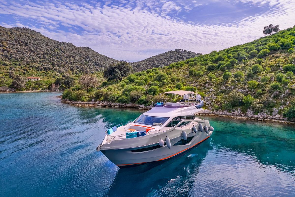 Exterior view of Journey, a Numarine 62 Flybridge yacht at Fethiye, Turkey