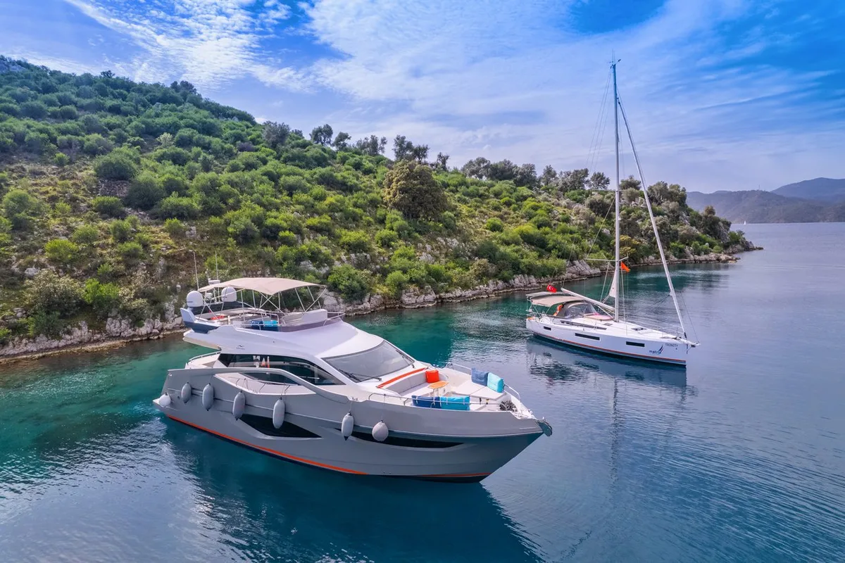 Exterior view of Journey, a Numarine 62 Flybridge yacht at Fethiye, Turkey