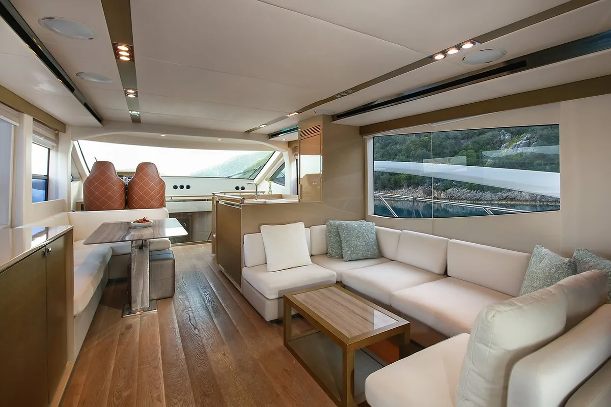 Salon of Journey, a Numarine 62 Flybridge yacht at Fethiye, Turkey