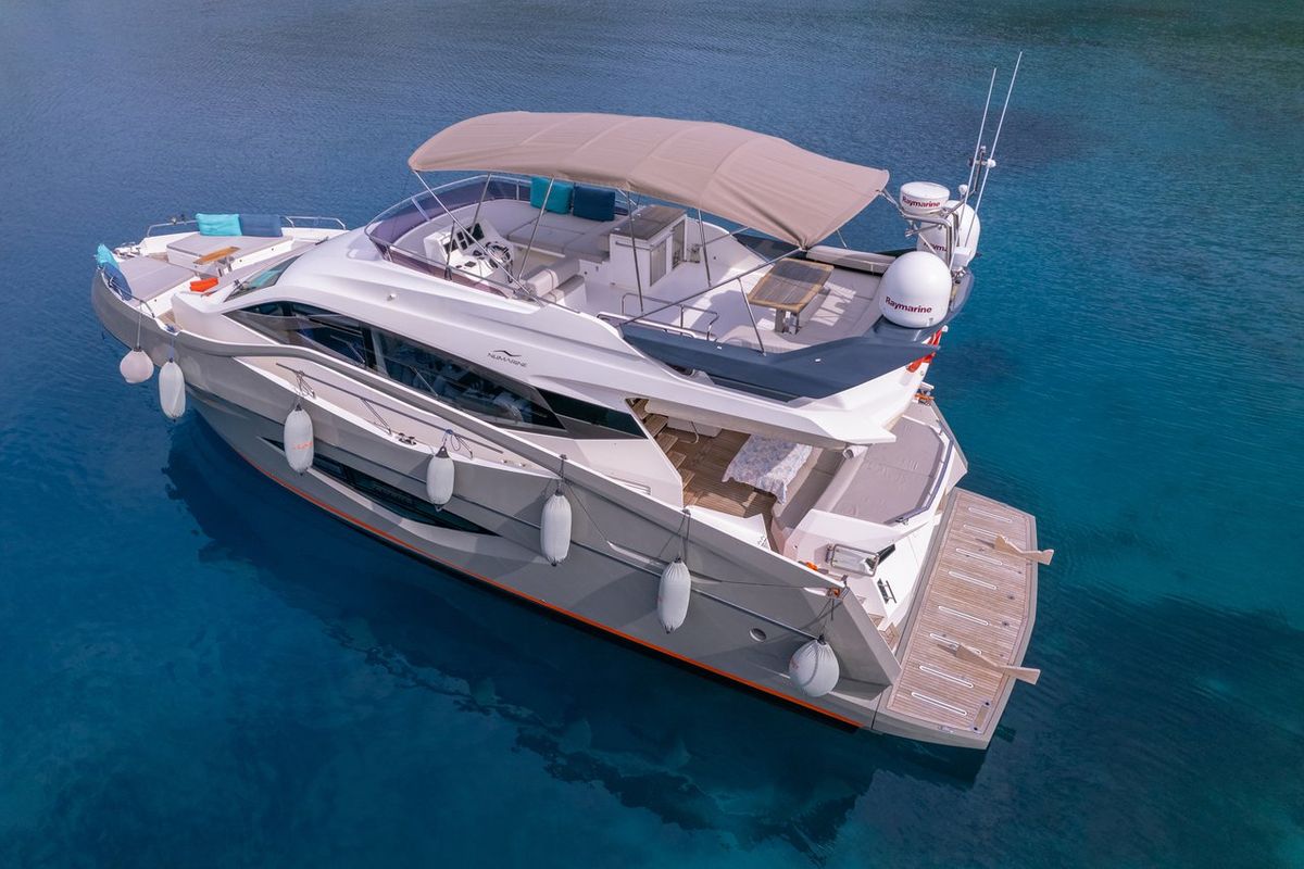 Exterior view of Journey, a Numarine 62 Flybridge yacht at Fethiye, Turkey