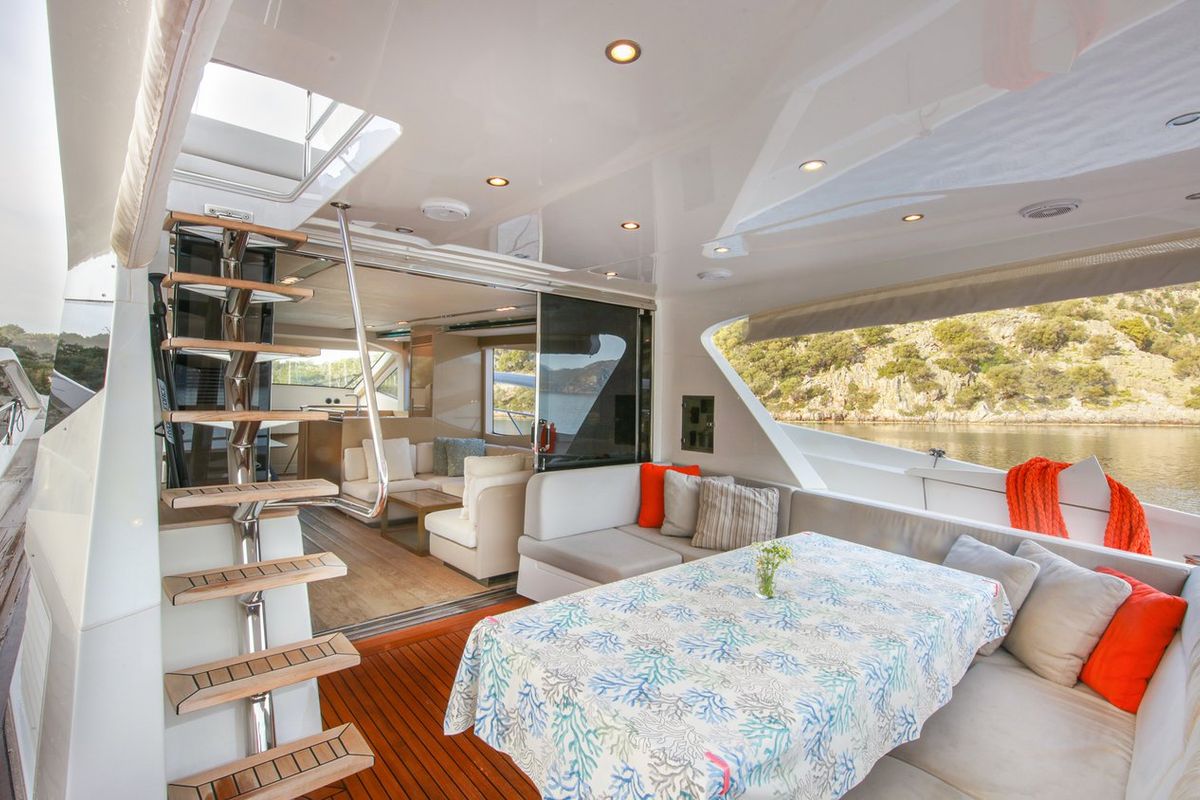 Deck of Journey, a Numarine 62 Flybridge yacht at Fethiye, Turkey