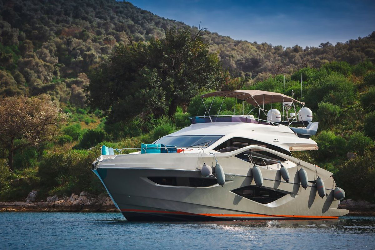 Exterior view of Journey, a Numarine 62 Flybridge yacht at Fethiye, Turkey