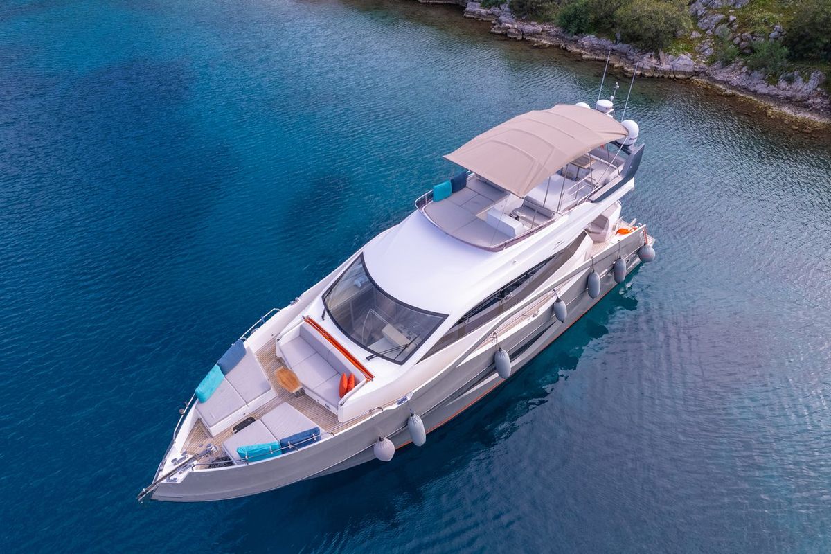 Exterior view of Journey, a Numarine 62 Flybridge yacht at Fethiye, Turkey