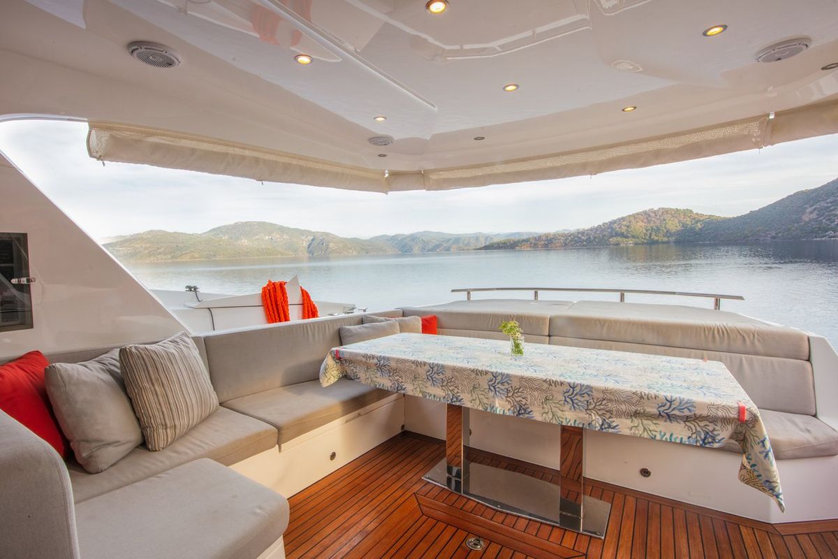 Deck of Journey, a Numarine 62 Flybridge yacht at Fethiye, Turkey