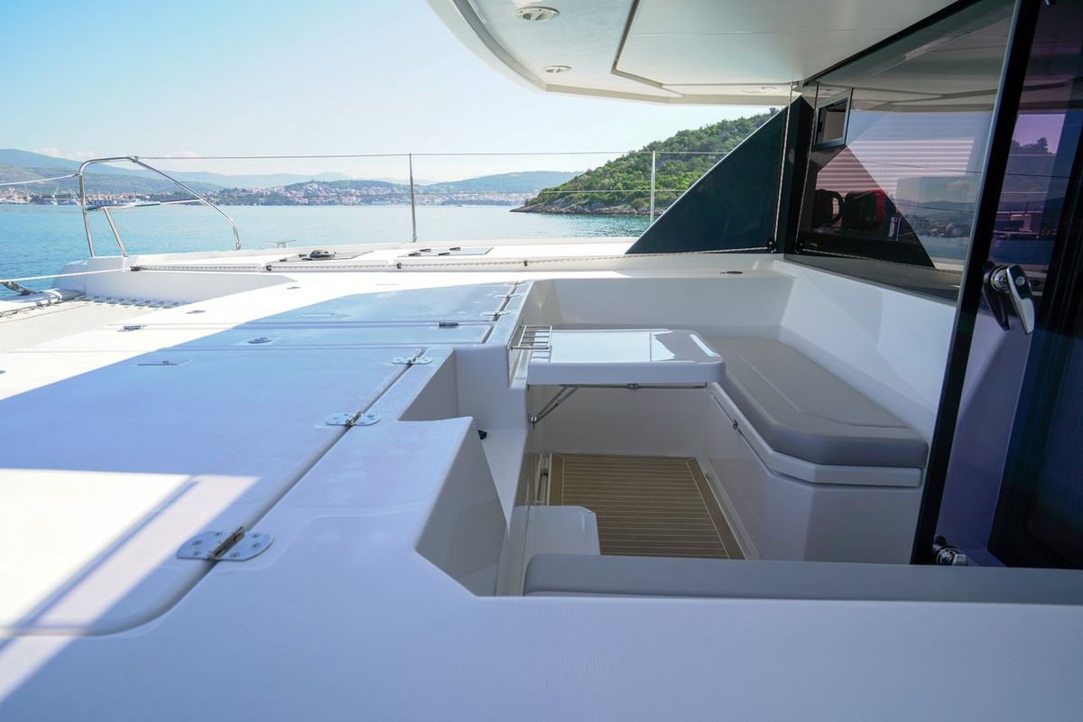 Deck of Manaphy, a Leopard 45 catamaran at Seget Donji, Croatia