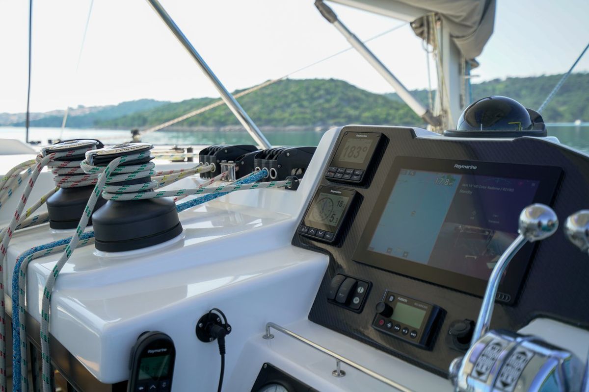 Cockpit of Manaphy, a Leopard 45 catamaran at Seget Donji, Croatia