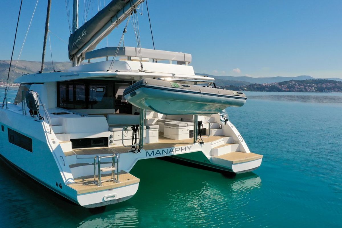 Exterior view of Manaphy, a Leopard 45 catamaran at Seget Donji, Croatia