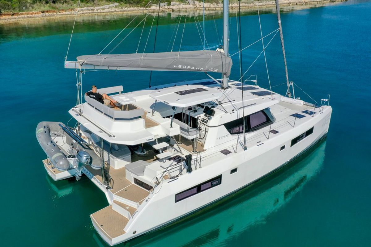 Exterior view of Manaphy, a Leopard 45 catamaran at Seget Donji, Croatia
