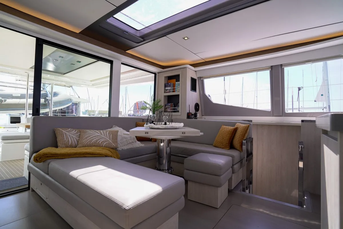 Salon of Manaphy, a Leopard 45 catamaran at Seget Donji, Croatia