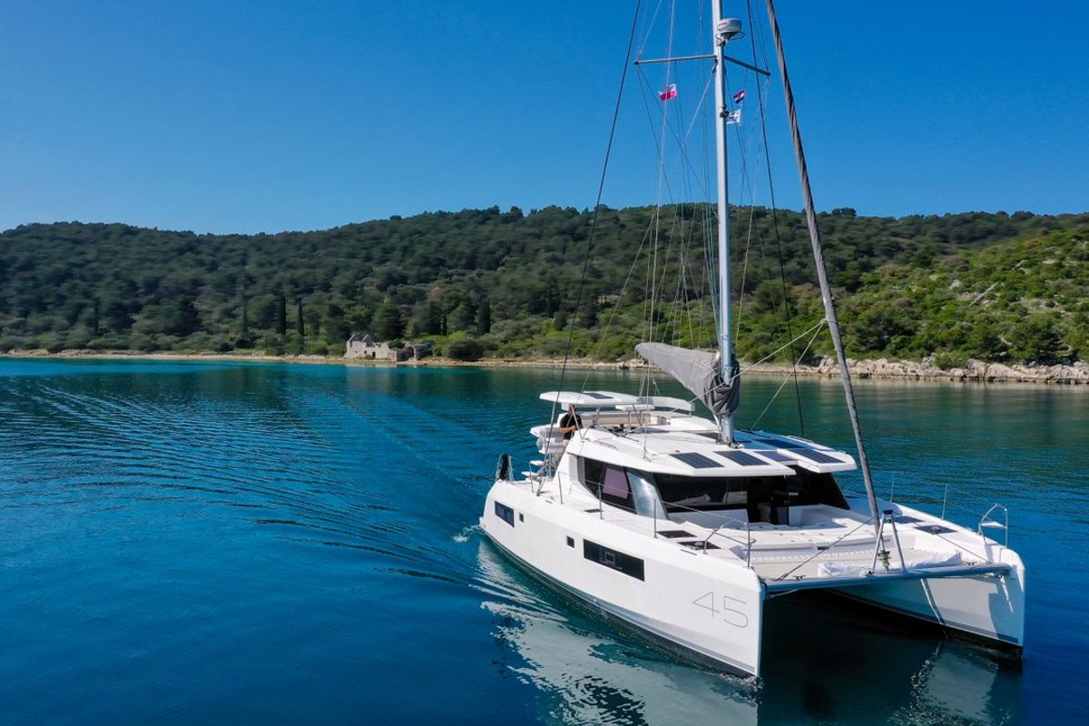 Exterior view of Manaphy, a Leopard 45 catamaran at Seget Donji, Croatia