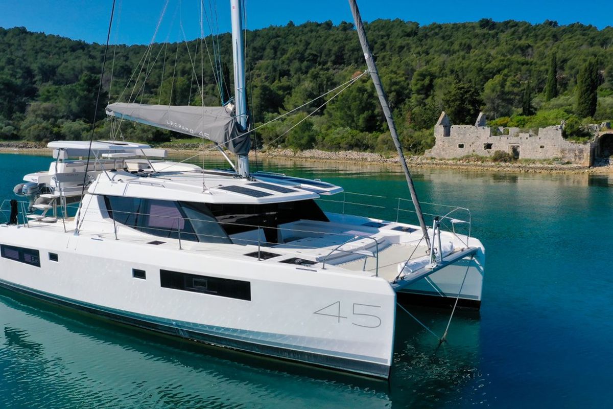 Exterior view of Manaphy, a Leopard 45 catamaran at Seget Donji, Croatia