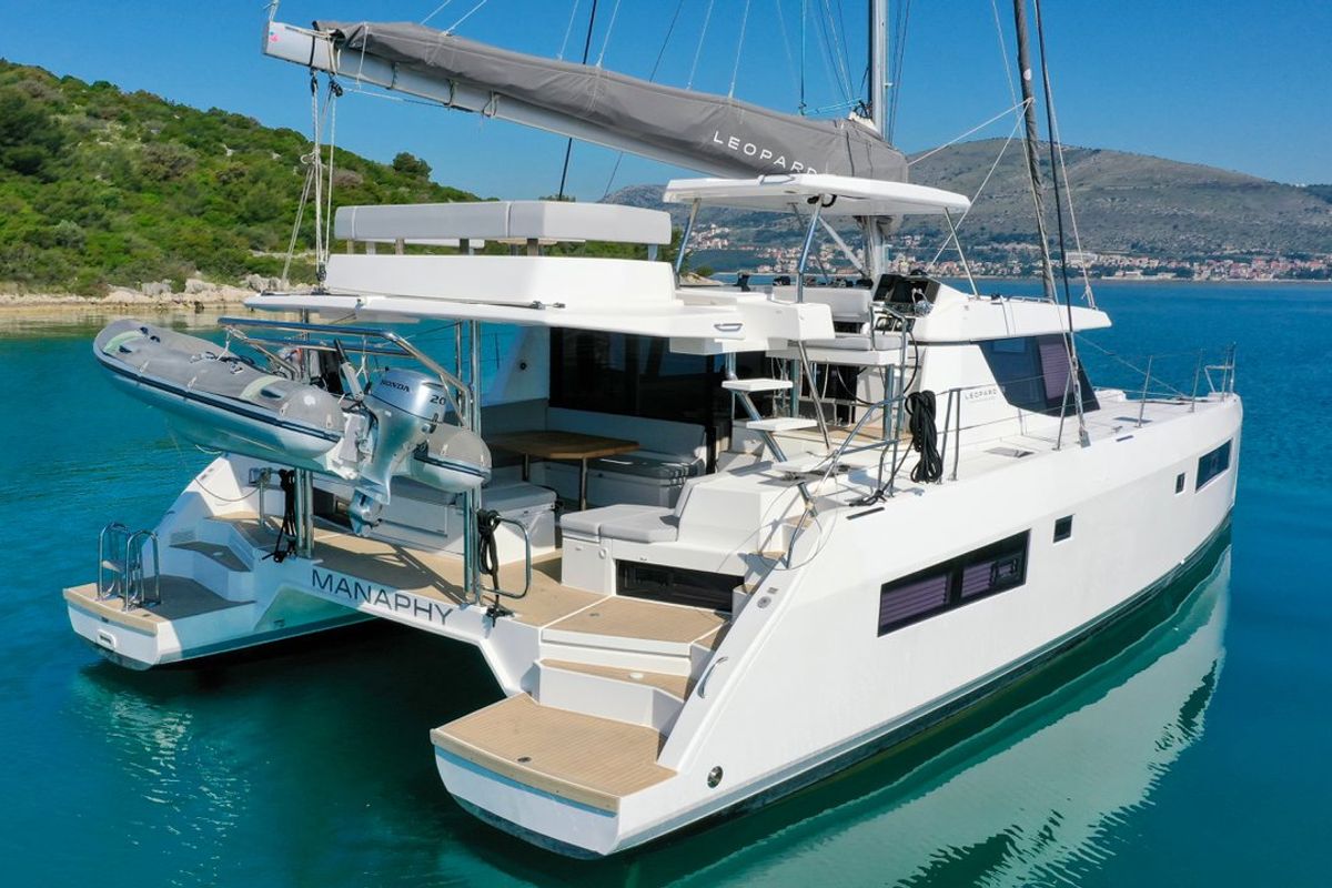 Exterior view of Manaphy, a Leopard 45 catamaran at Seget Donji, Croatia