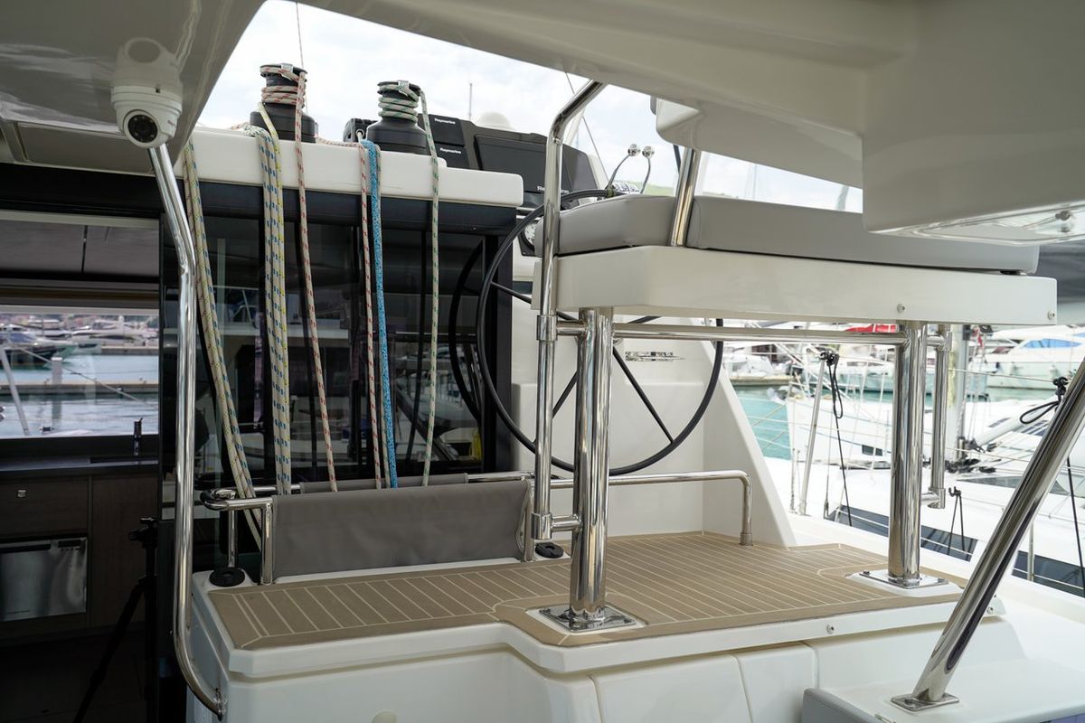 Cockpit of Manaphy, a Leopard 45 catamaran at Seget Donji, Croatia