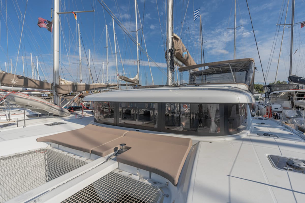 Deck of Day One, a Lagoon 42 catamaran at Marpissa, Greece