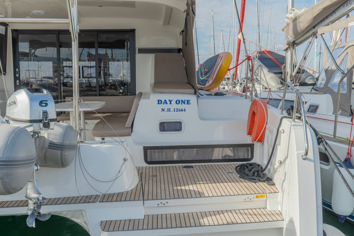 Exterior view of Day One, a Lagoon 42 catamaran at Marpissa, Greece