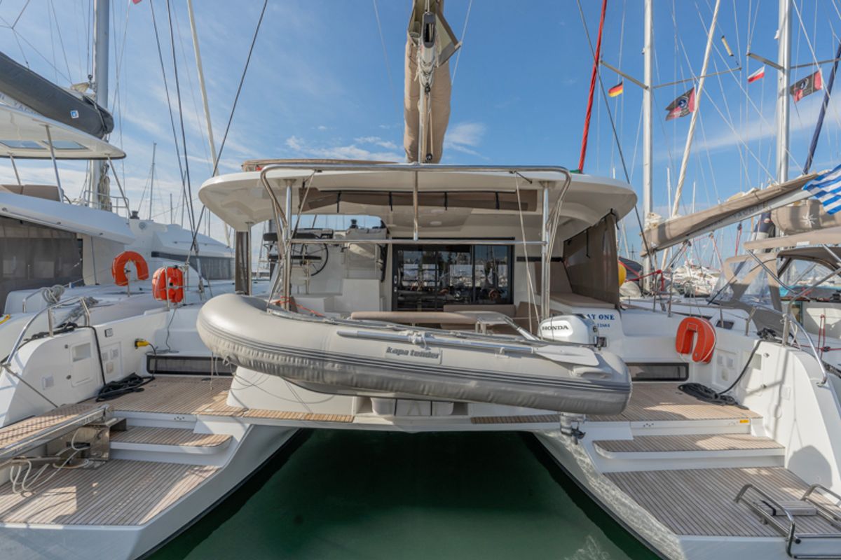 Exterior view of Day One, a Lagoon 42 catamaran at Marpissa, Greece