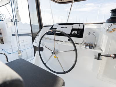 Cockpit of Day One, a Lagoon 42 catamaran at Marpissa, Greece