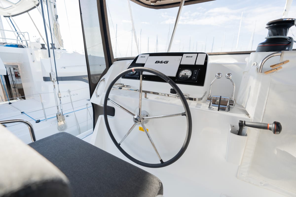 Cockpit of Day One, a Lagoon 42 catamaran at Marpissa, Greece