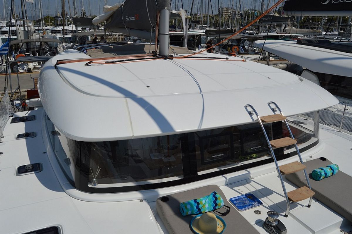 Deck of Aeolian Odyssey, a Excess 12 catamaran at Preveza, Greece