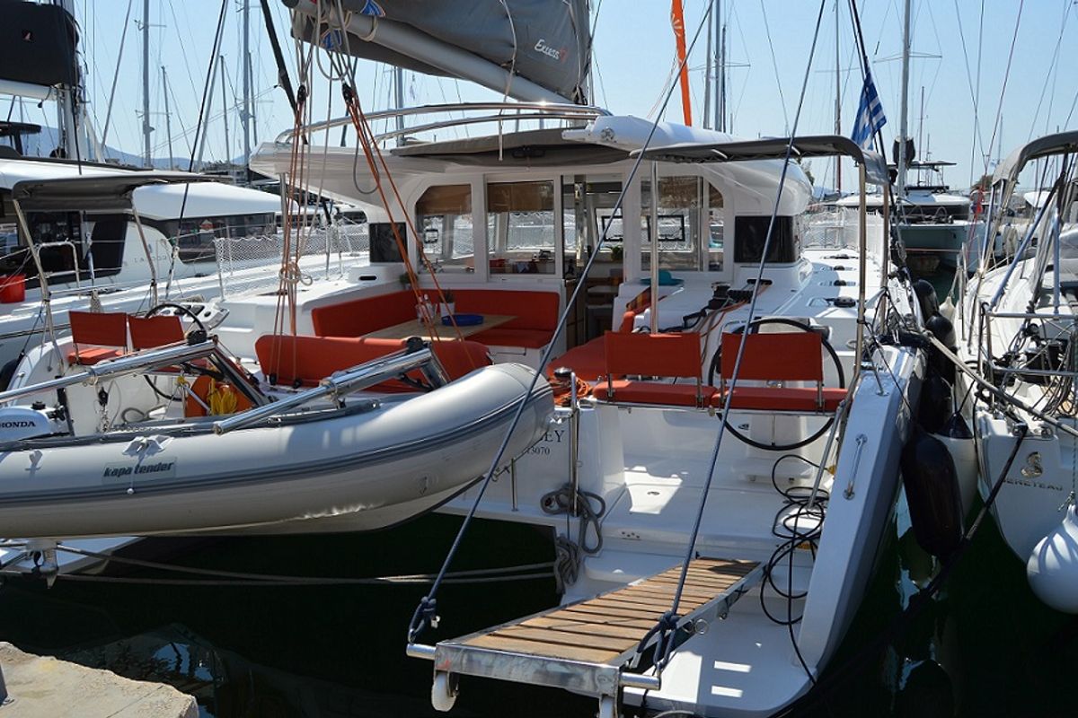 Deck of Aeolian Odyssey, a Excess 12 catamaran at Preveza, Greece