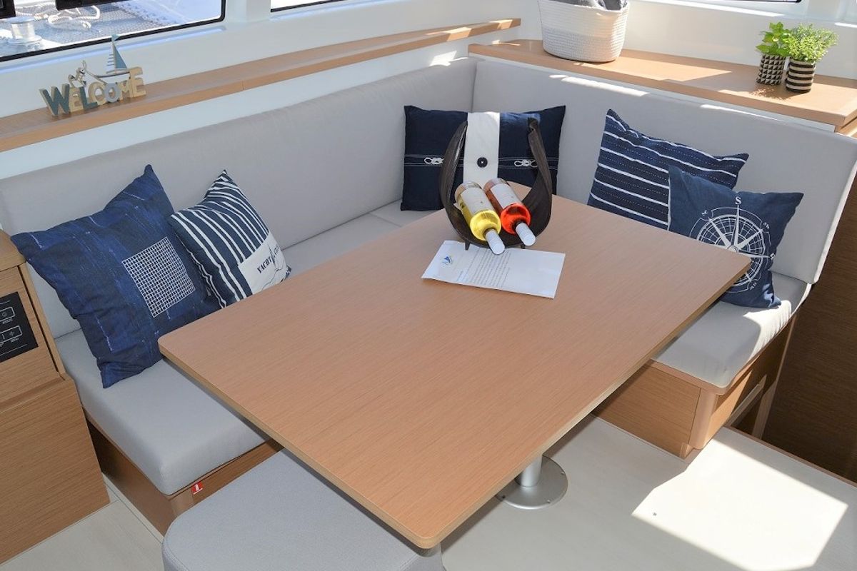 Salon of Aeolian Odyssey, a Excess 12 catamaran at Preveza, Greece