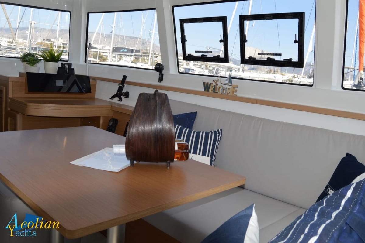 Salon of Aeolian Odyssey, a Excess 12 catamaran at Preveza, Greece