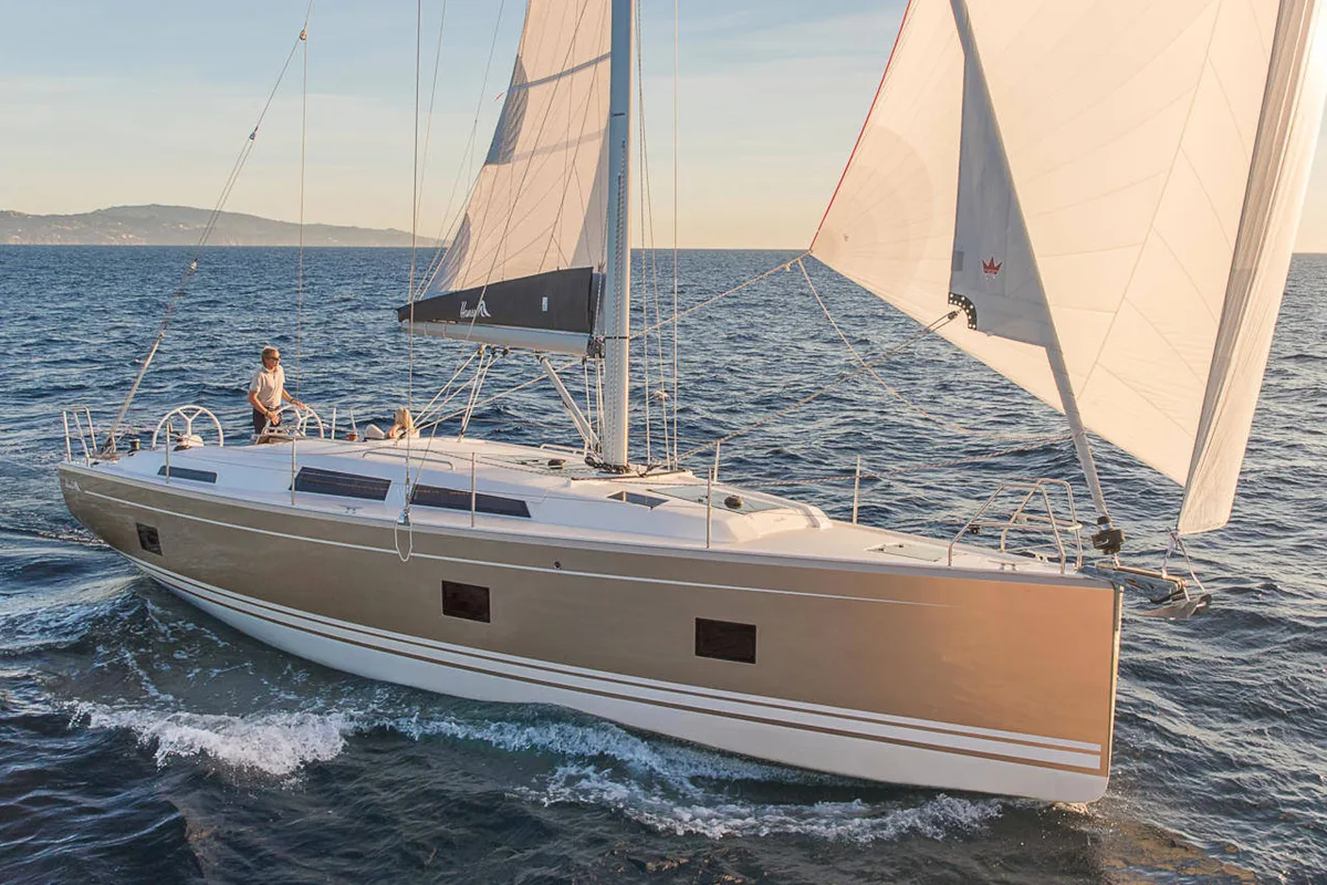 Exterior view of Polynoe, a Hanse Yachts Hanse 418 sailboat at Lavreotiki Municipal Unit, Greece