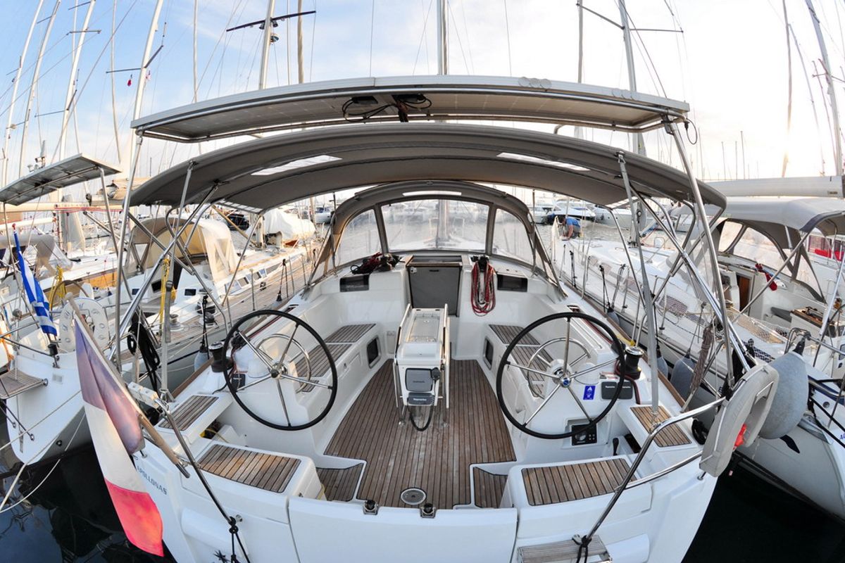 Cockpit of Il Sole, a Jeanneau Sun Odyssey 439 sailboat at Athens, Greece