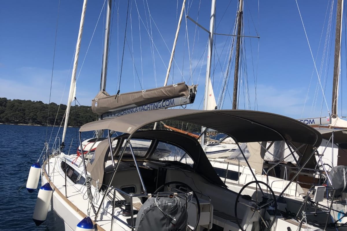 Exterior view of Nara, a Jeanneau Sun Odyssey 349 sailboat at Mali Lošinj, Croatia