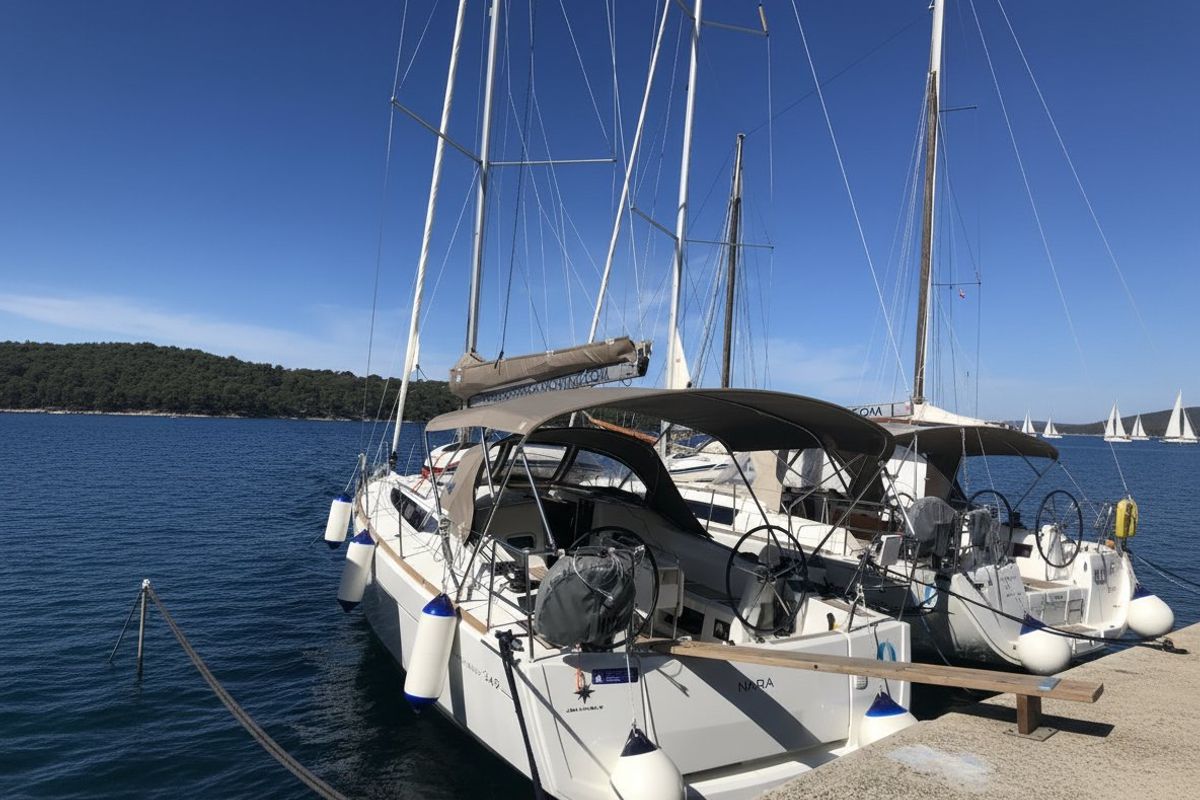 Exterior view of Nara, a Jeanneau Sun Odyssey 349 sailboat at Mali Lošinj, Croatia