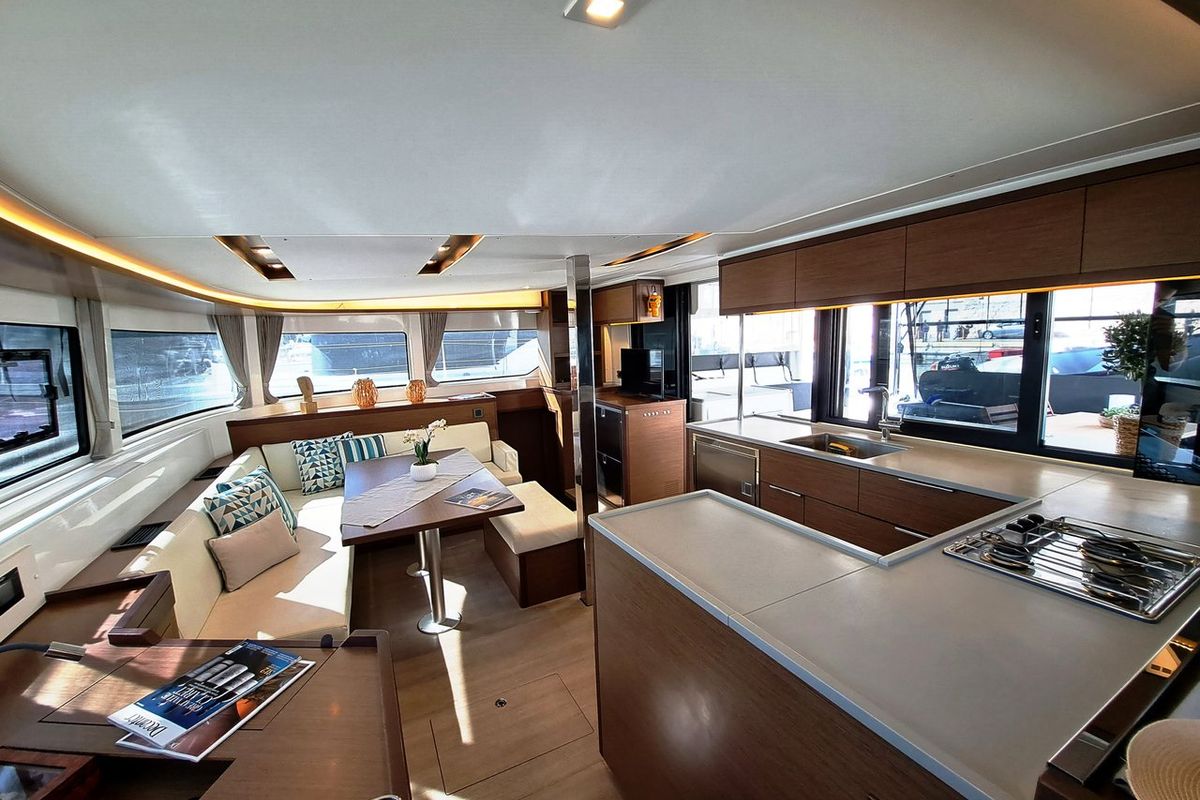 Salon of Omnia, a Lagoon 46 catamaran at Piraeus, Greece