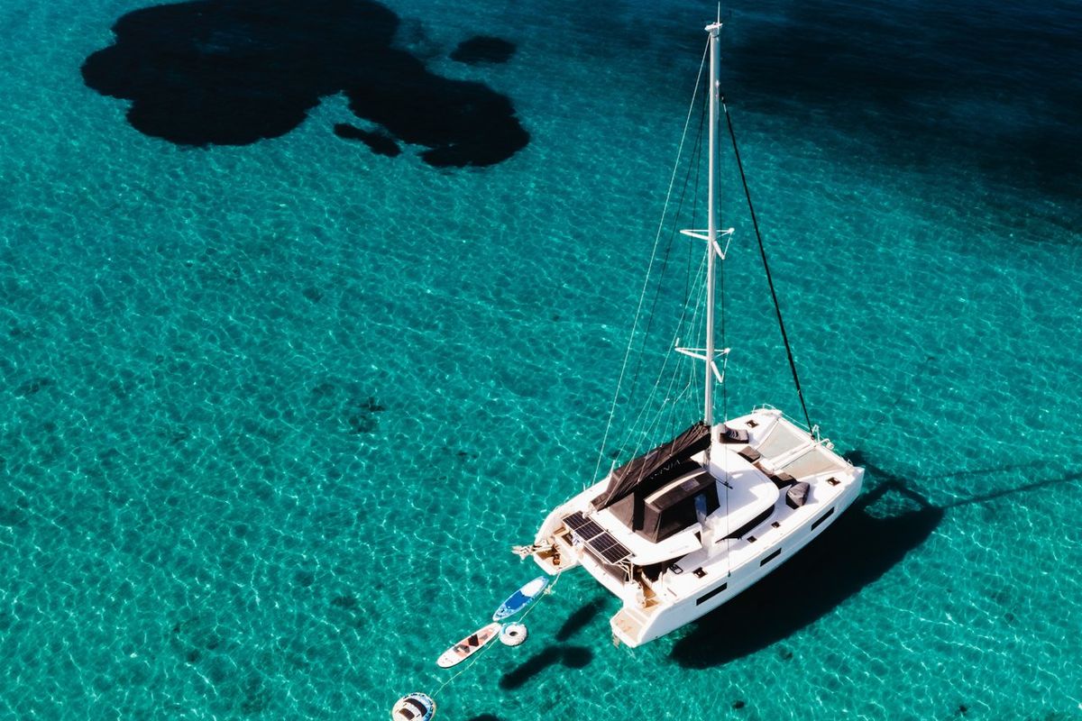 Exterior view of Omnia, a Lagoon 46 catamaran at Piraeus, Greece
