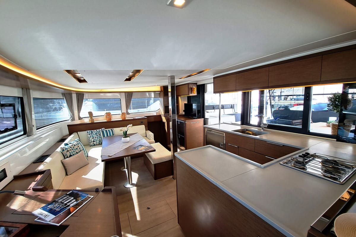 Salon of Omnia, a Lagoon 46 catamaran at Piraeus, Greece