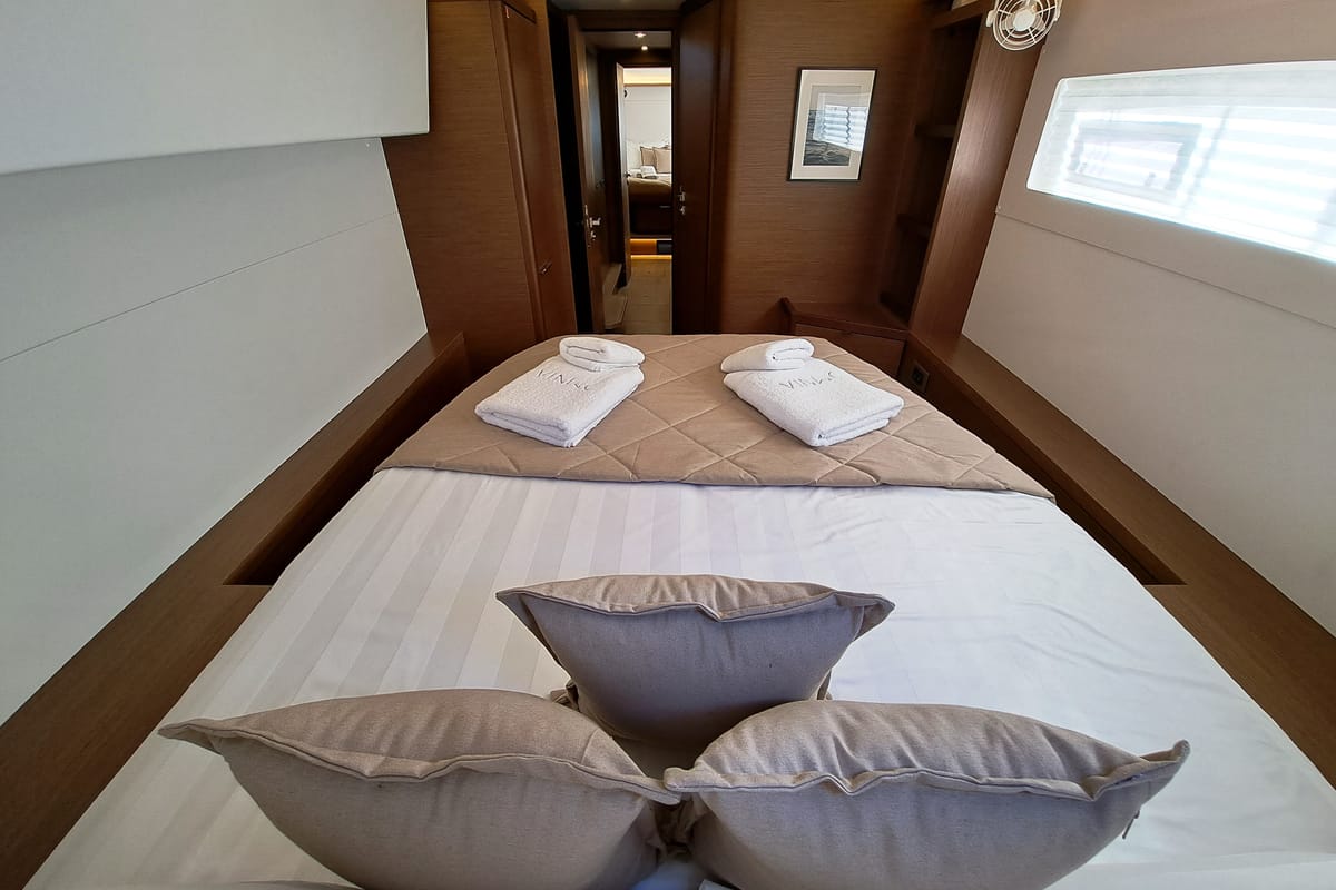Cabin on Omnia, a Lagoon 46 catamaran at Piraeus, Greece