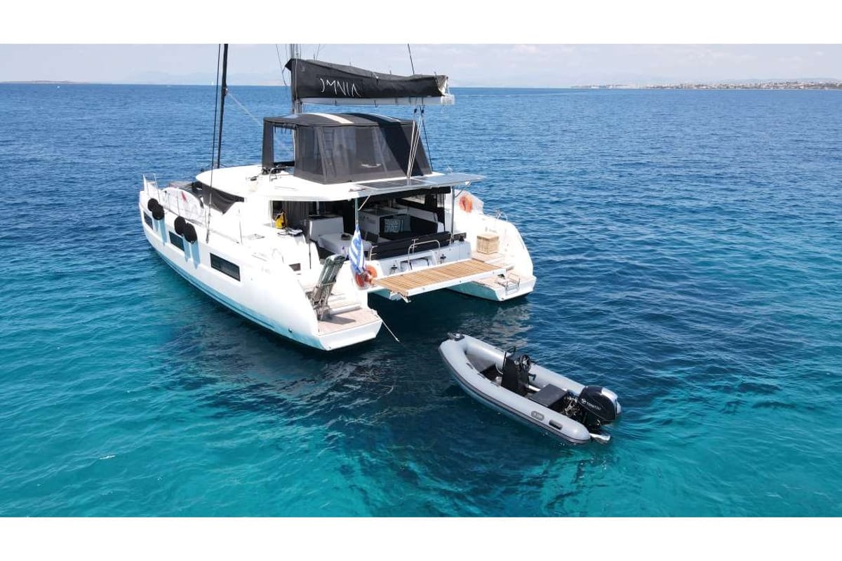 Exterior view of Omnia, a Lagoon 46 catamaran at Piraeus, Greece