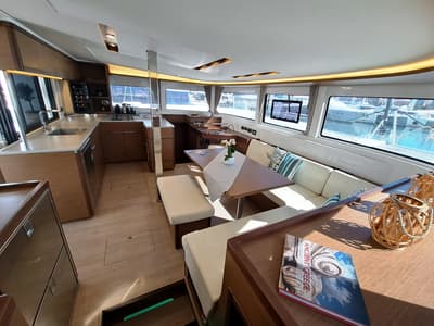 Salon of Omnia, a Lagoon 46 catamaran at Piraeus, Greece