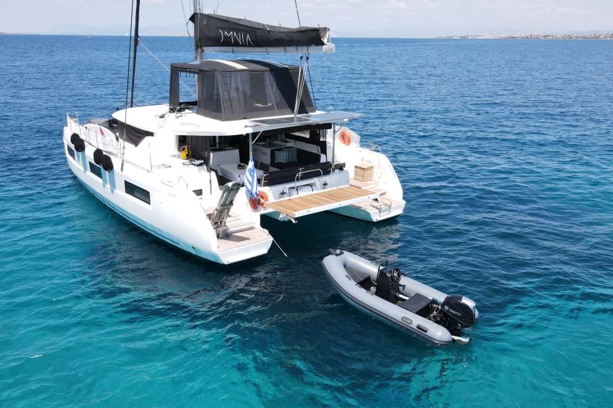 Exterior view of Omnia, a Lagoon 46 catamaran at Piraeus, Greece