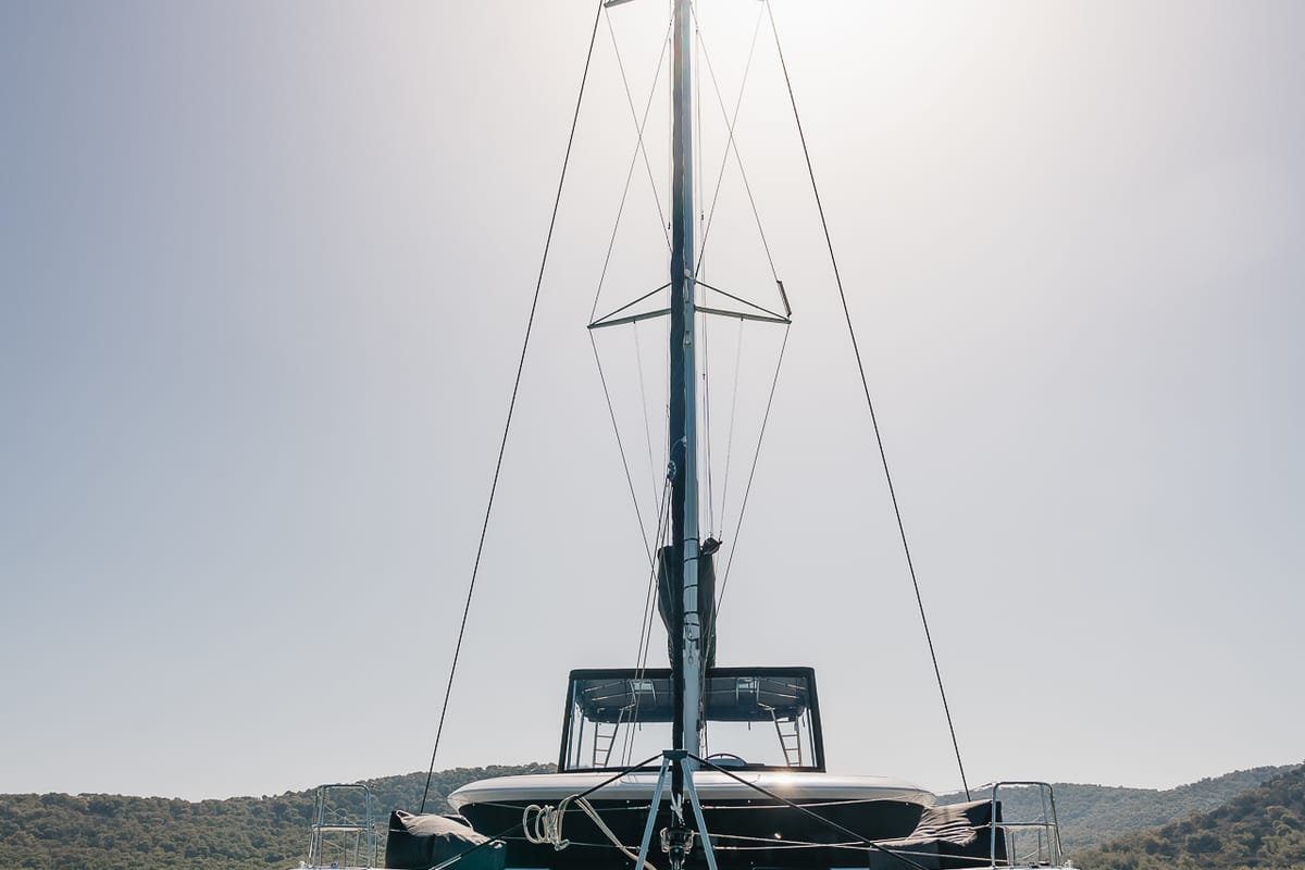 Exterior view of Omnia, a Lagoon 46 catamaran at Piraeus, Greece