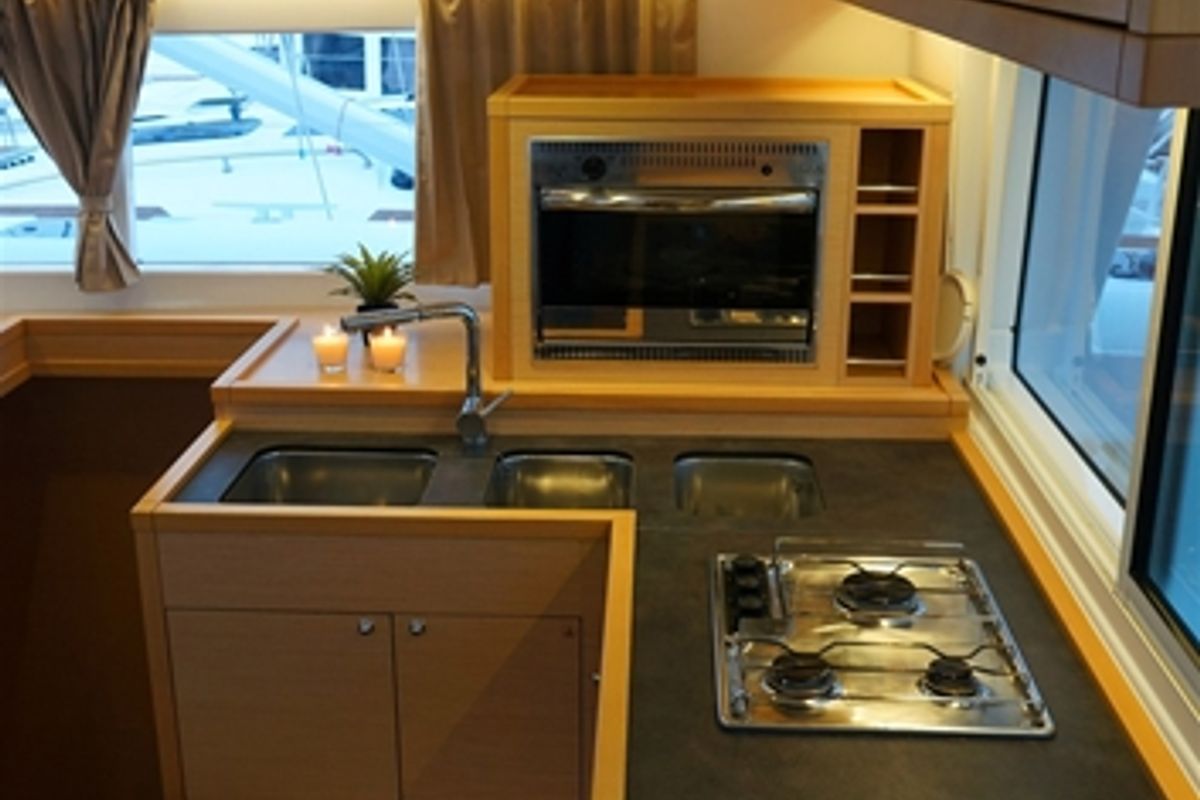 Galley of Myrto, a Lagoon 400 S2 catamaran at Kontokali, Greece