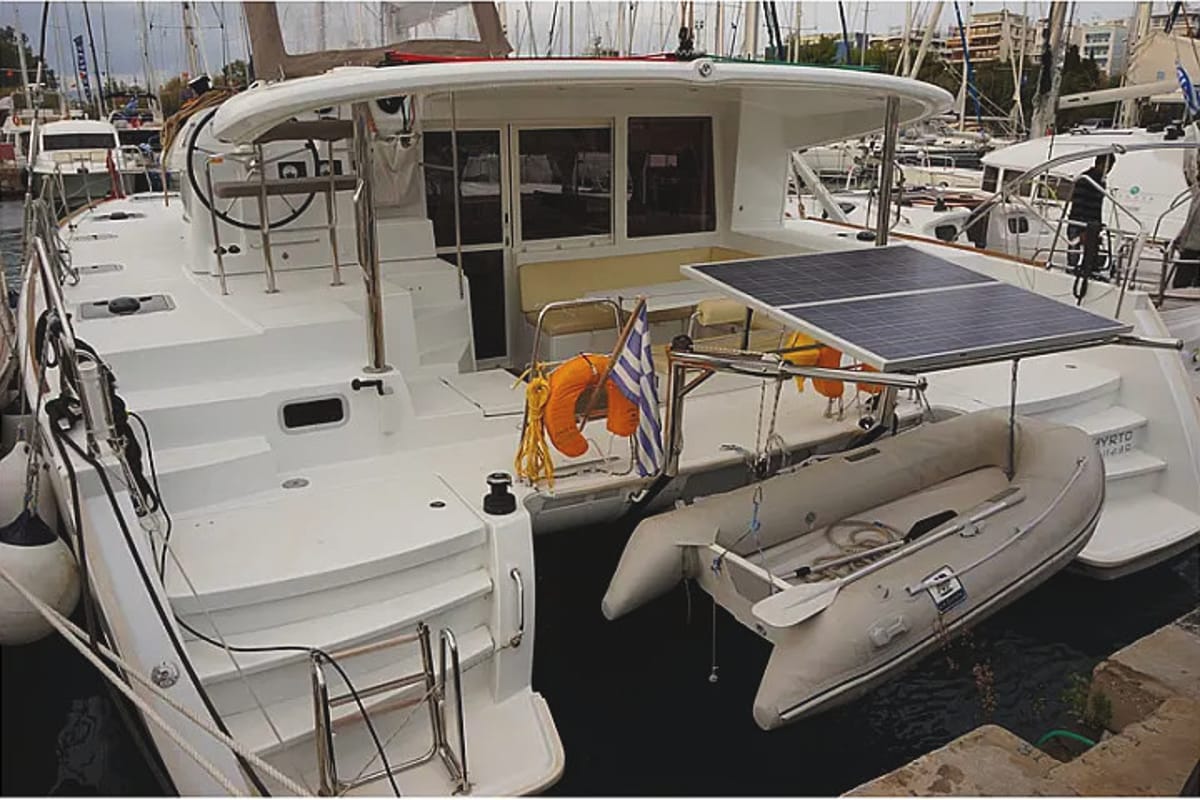Exterior view of Myrto, a Lagoon 400 S2 catamaran at Kontokali, Greece