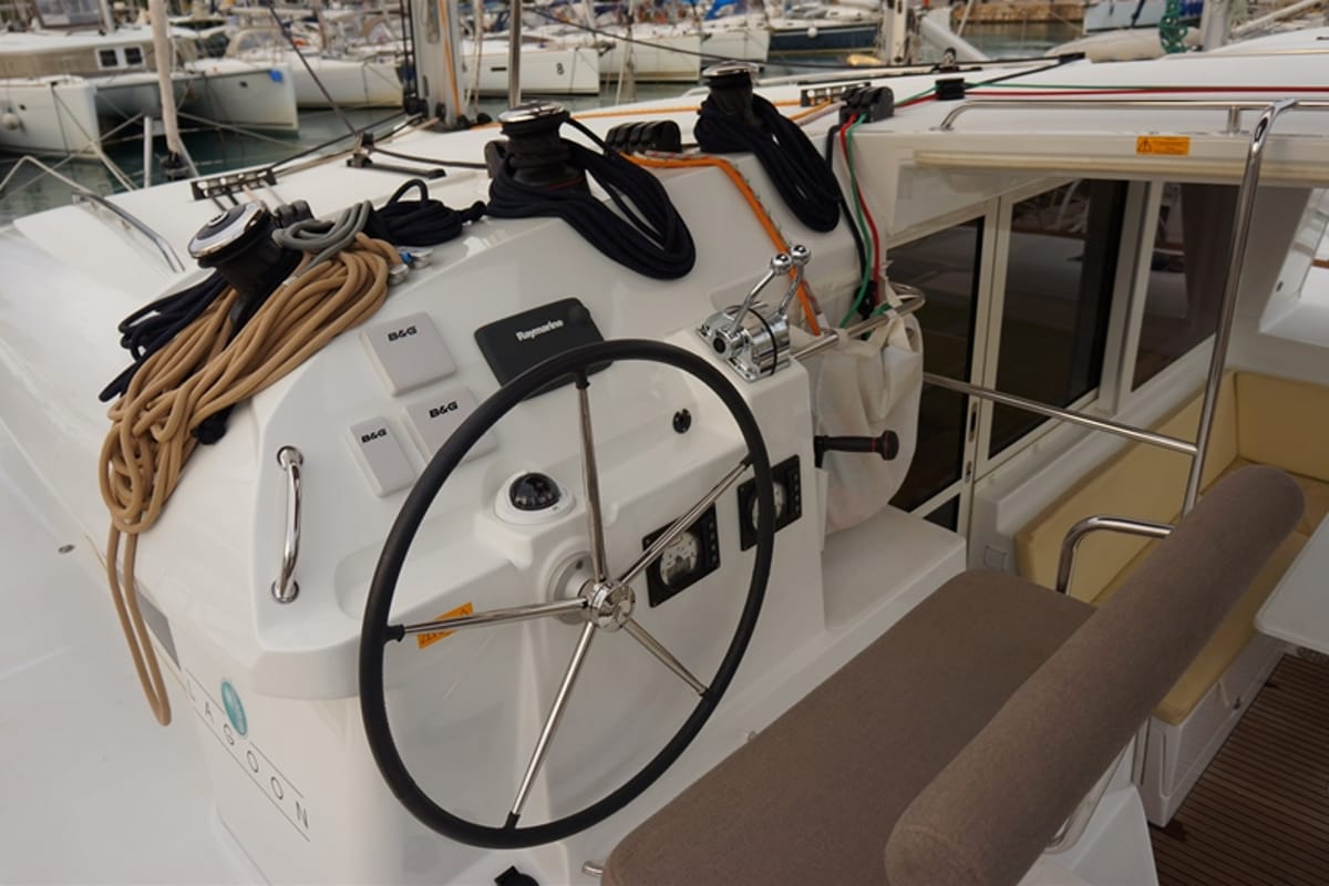 Cockpit of Myrto, a Lagoon 400 S2 catamaran at Kontokali, Greece