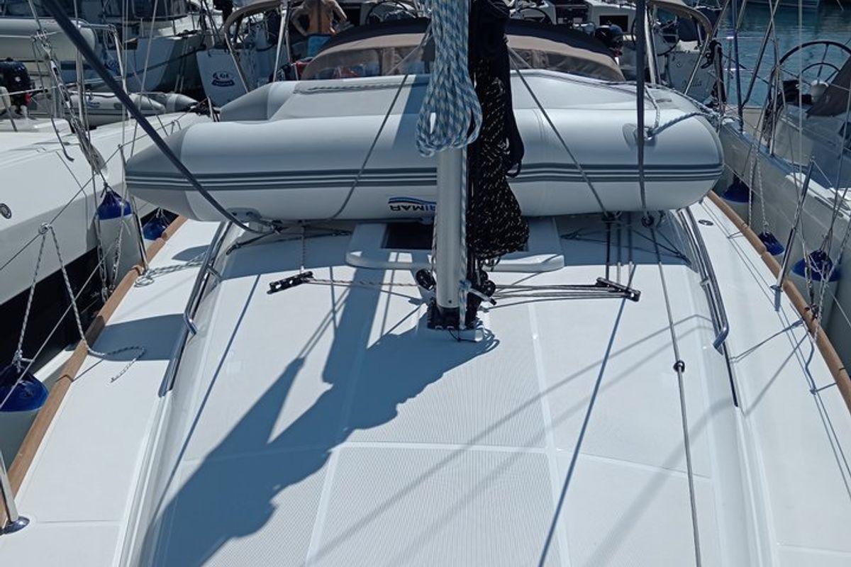 Deck of Novara, a Jeanneau Sun Odyssey 349 sailboat at Pirovac, Croatia