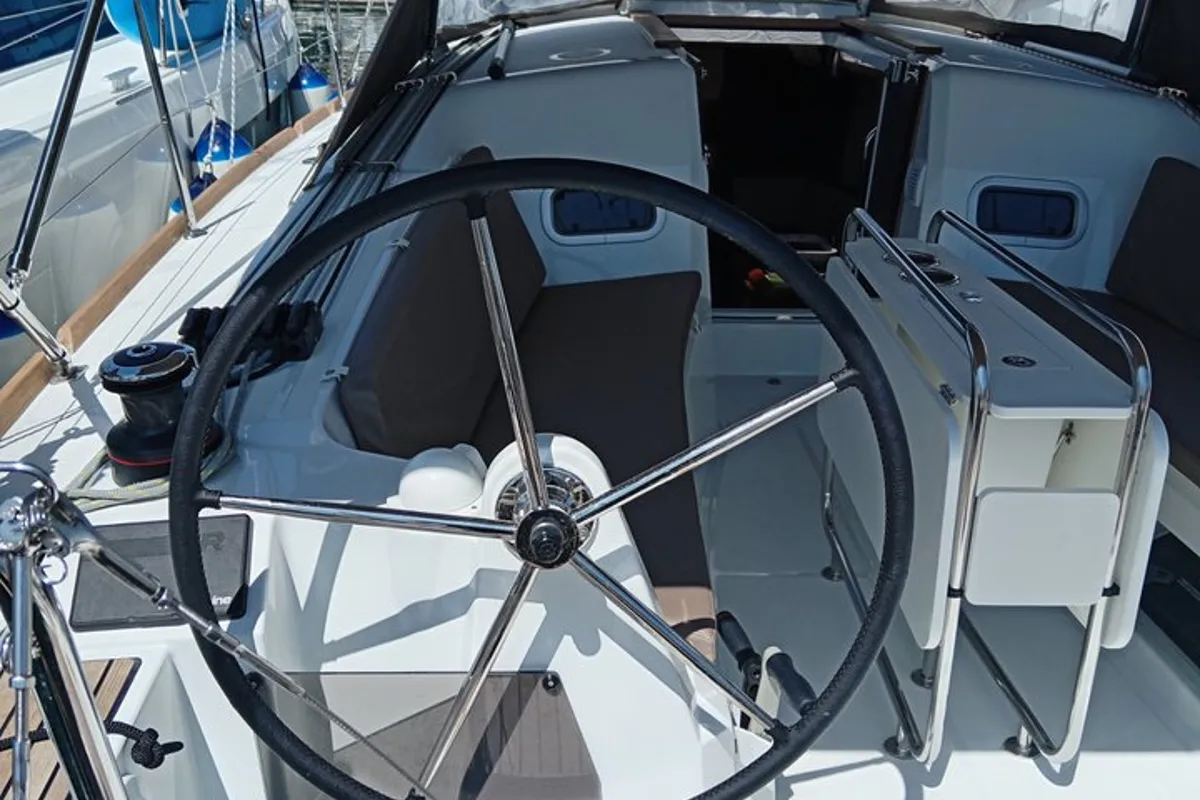 Cockpit of Novara, a Jeanneau Sun Odyssey 349 sailboat at Pirovac, Croatia