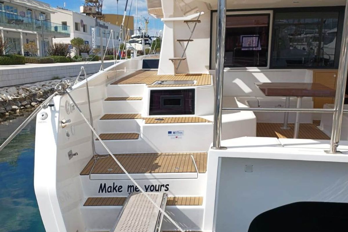 Deck of Make Me Yours, a Dufour 48 Catamaran catamaran at Grad Trogir, Croatia