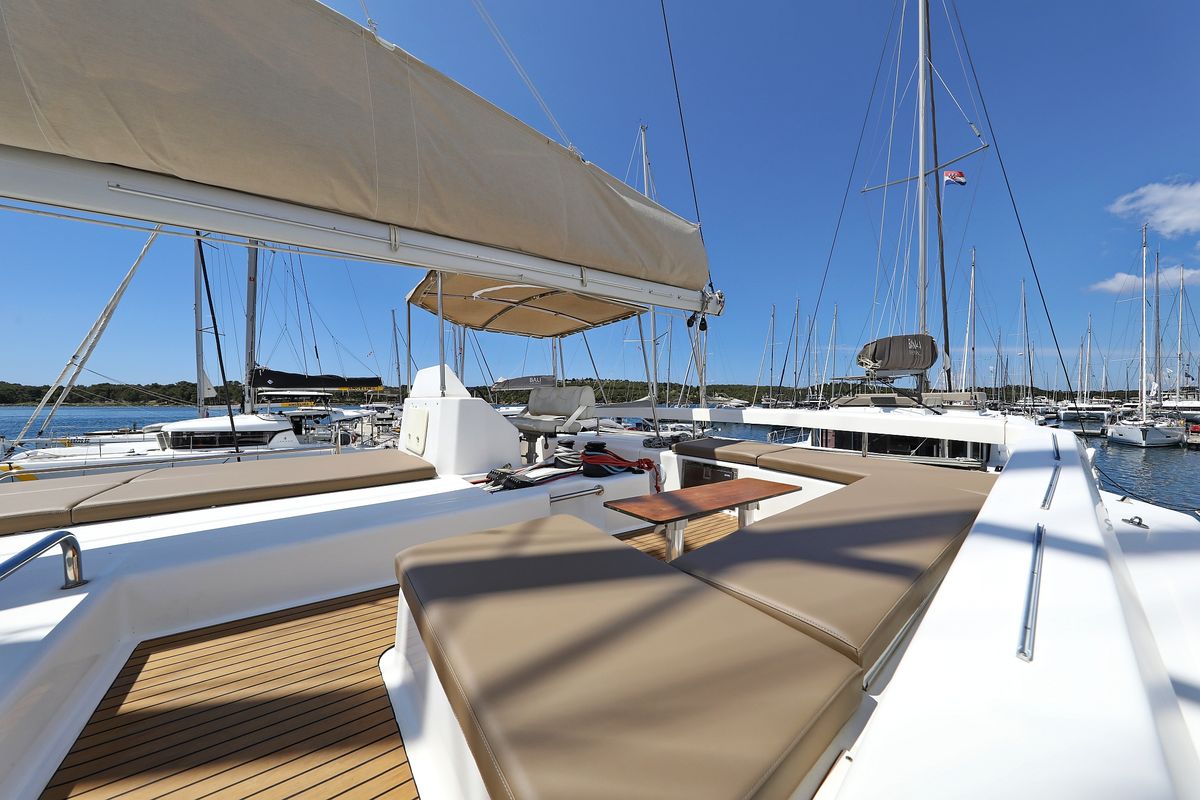 Deck of Make Me Yours, a Dufour 48 Catamaran catamaran at Grad Trogir, Croatia