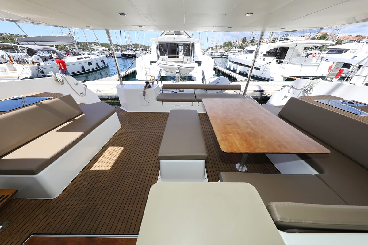 Deck of Make Me Yours, a Dufour 48 Catamaran catamaran at Grad Trogir, Croatia
