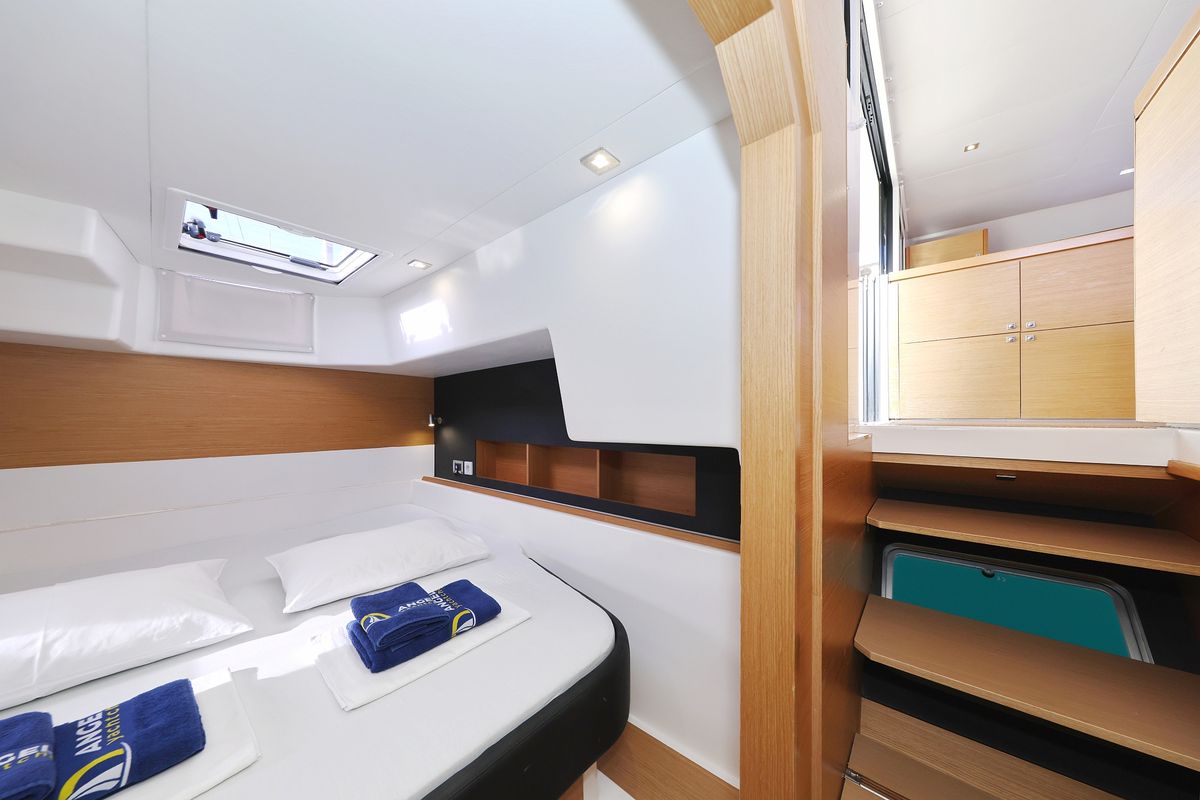 Cabin on Make Me Yours, a Dufour 48 Catamaran catamaran at Grad Trogir, Croatia