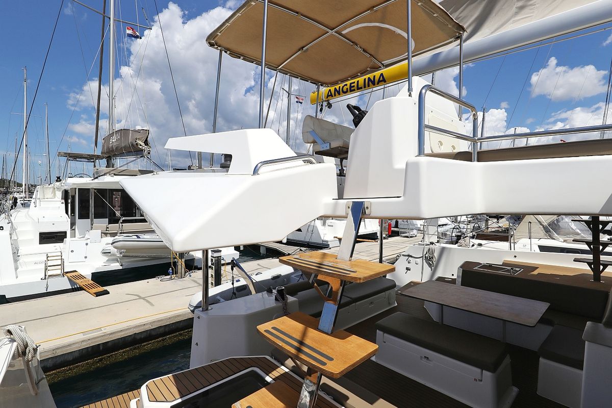 Deck of Make Me Yours, a Dufour 48 Catamaran catamaran at Grad Trogir, Croatia