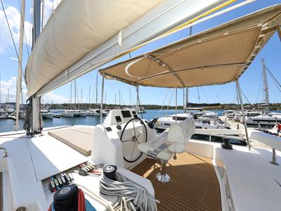 Cockpit of Make Me Yours, a Dufour 48 Catamaran catamaran at Grad Trogir, Croatia