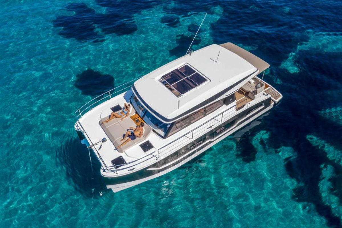 Exterior view of Blue Champagne, a Fountaine Pajot MY4.S - Maestro catamaran at La Rochelle, France